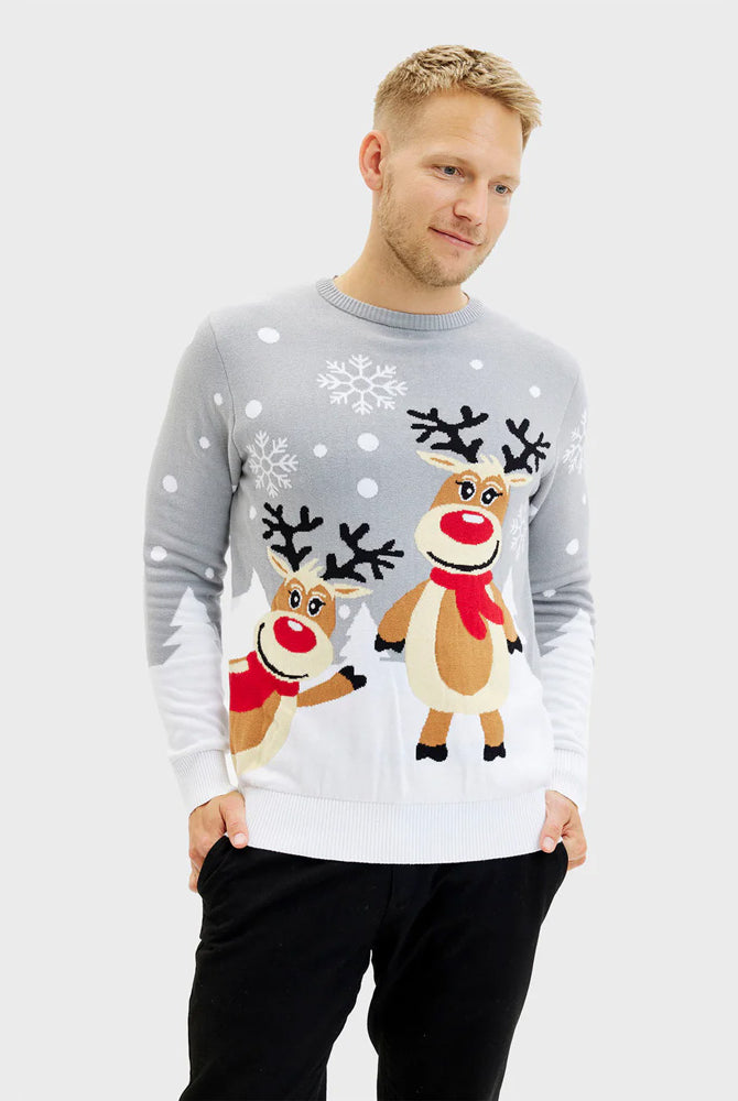 Grey Organic Cute Reindeers Cotton Mens Christmas Jumper