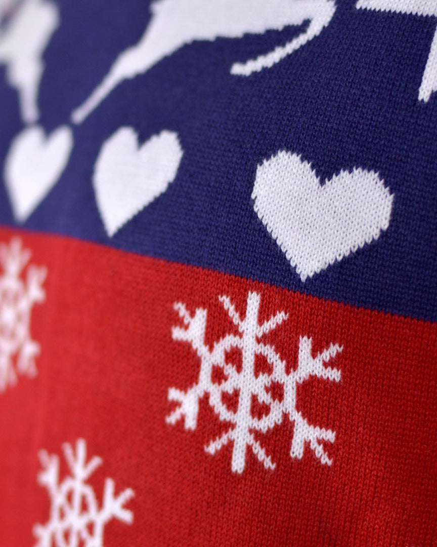 detail Red and Blue Couple's Christmas Jumper with Reindeers and Hearts