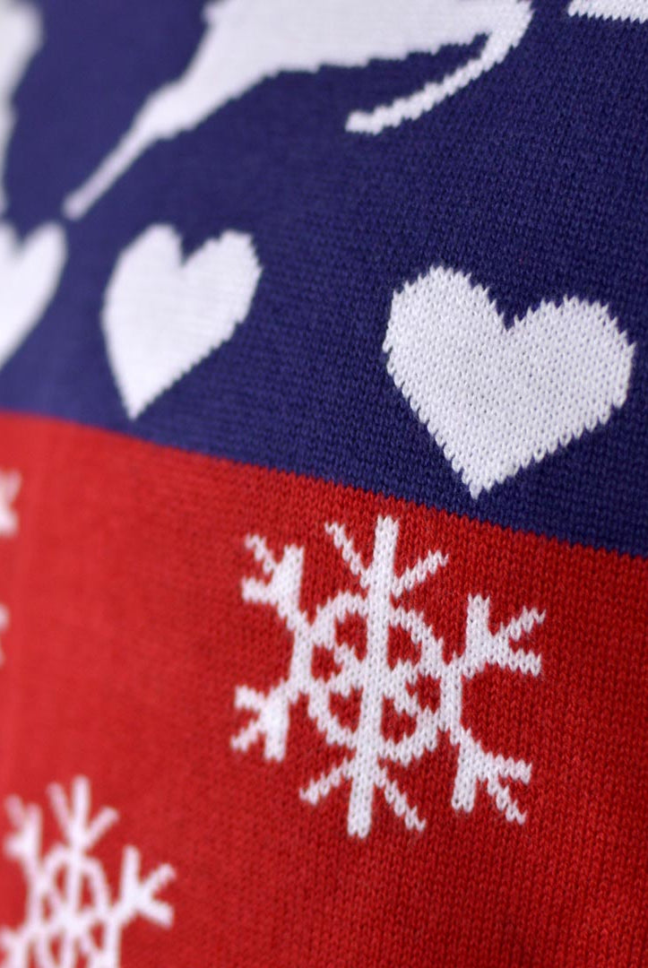 detail Red and Blue Couple's Christmas Jumper with Reindeers and Hearts