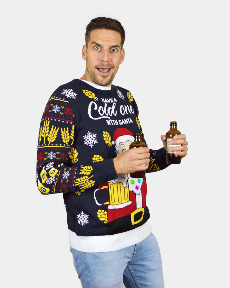 LED Light-Up Couple's Christmas Jumper mens Santa with Beer
