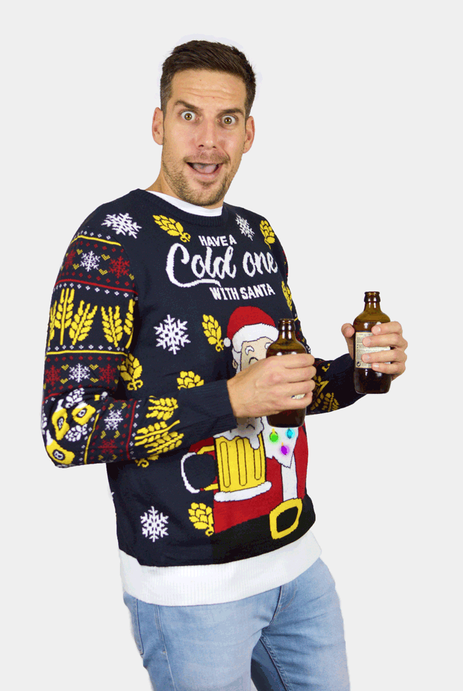 LED Light-Up Couple's Christmas Jumper mens Santa with Beer