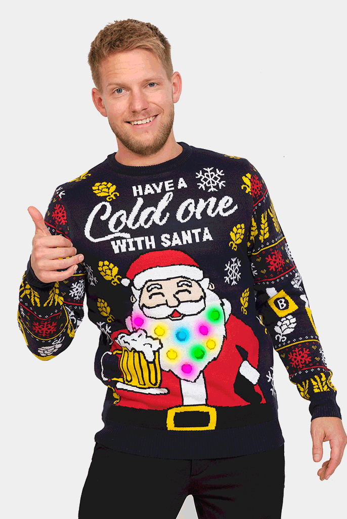 LED Light-Up Couple's Christmas Jumper Santa with Beer mens