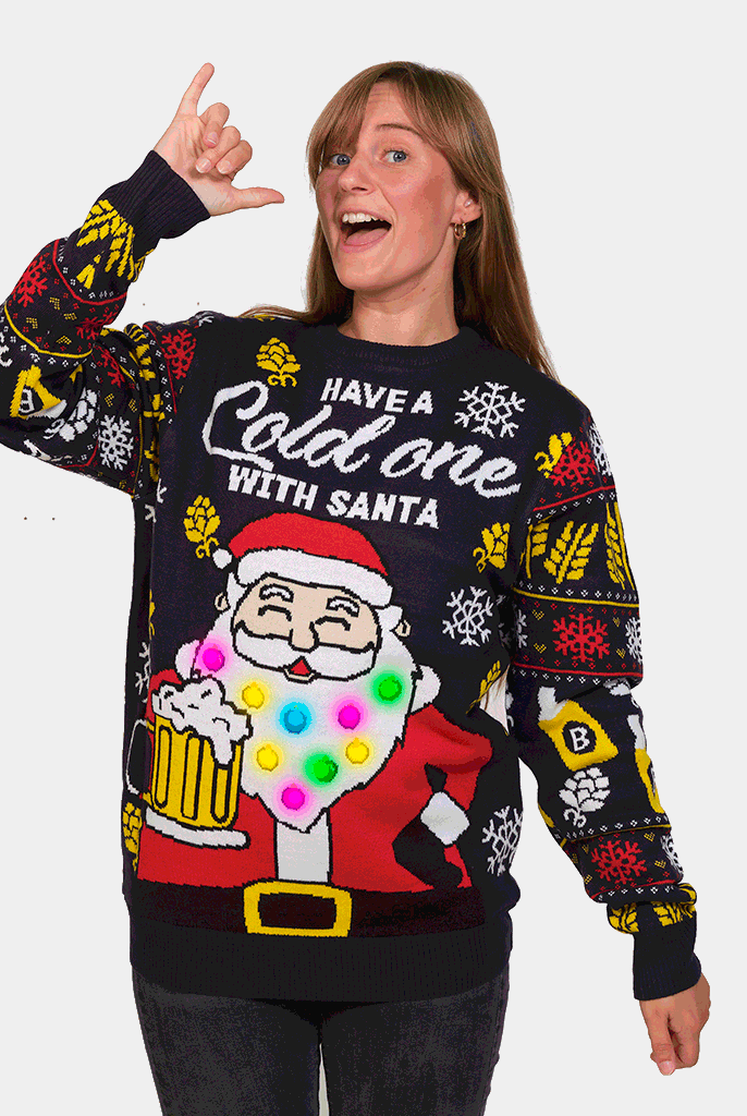 LED Light-Up Couple's Christmas Jumper Santa with Beer womens