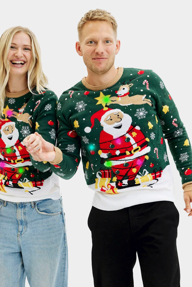LED light-up Couples Christmas Jumper Santa Claus in a mess