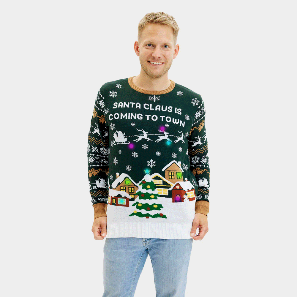 LED light-up Couples Christmas Jumper Santa is Coming to Town Mens