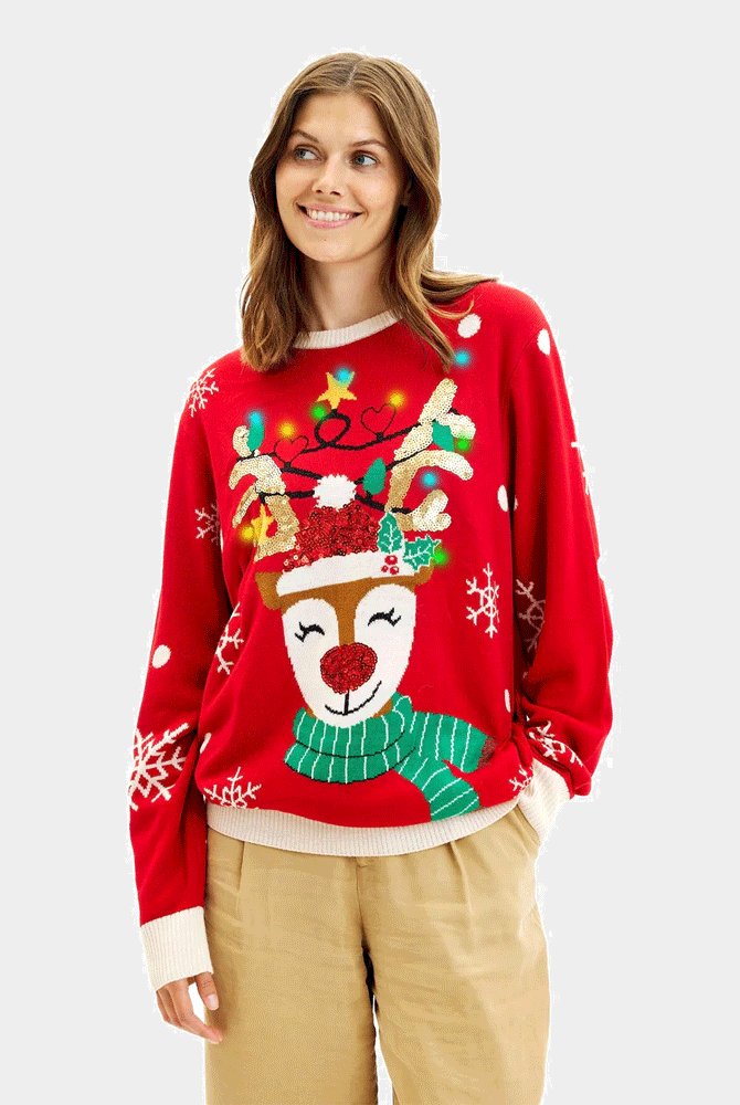 LED light-up Couples Christmas Jumper Sparkling Sequin Reindeer Women
