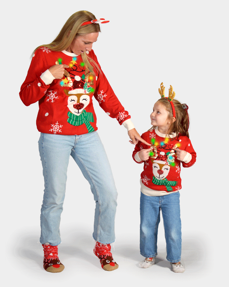 LED light-up Family Christmas Jumper Sparkling Sequin Reindeer