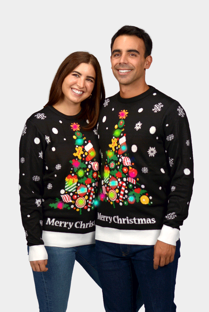 Christmas Tree Womens LED light-up Men's Black Christmas Jumper