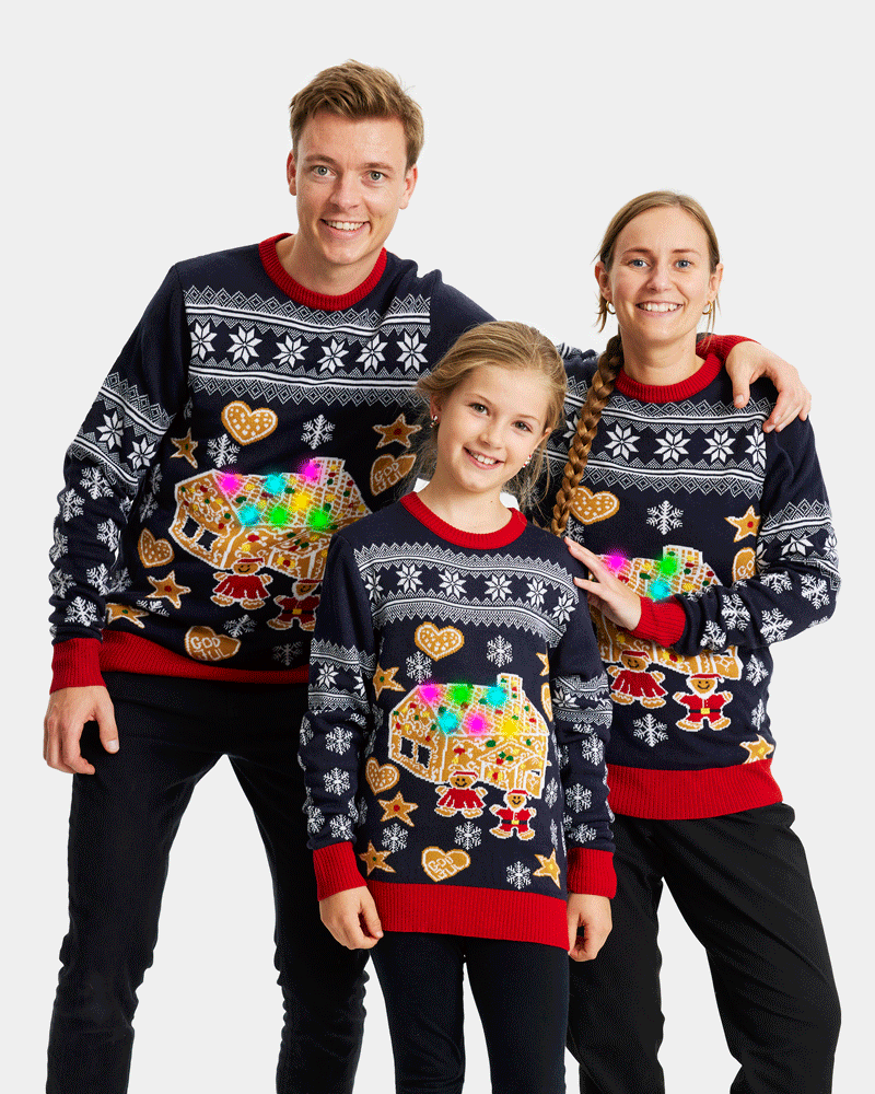 LED light-up Mens Christmas Jumper Family with Gingerbread House