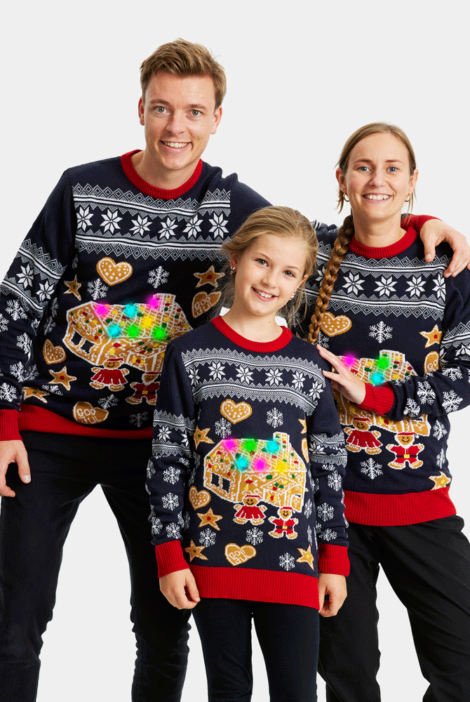 LED light-up Mens Christmas Jumper Family with Gingerbread House