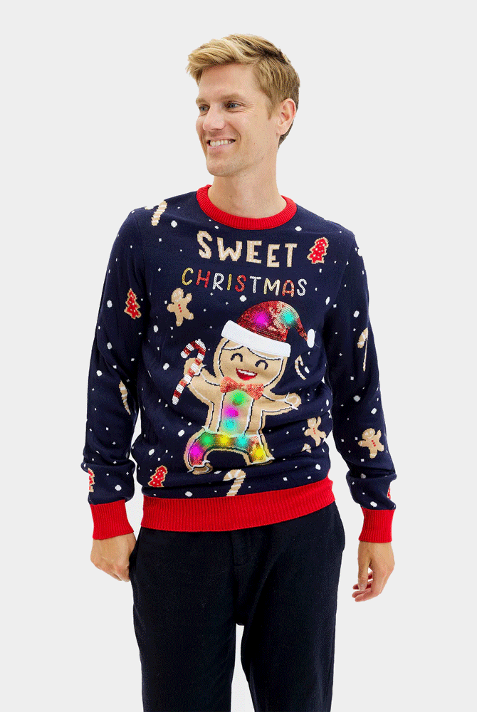 LED light-up Mens Christmas Jumper Ginger Cookie Blue