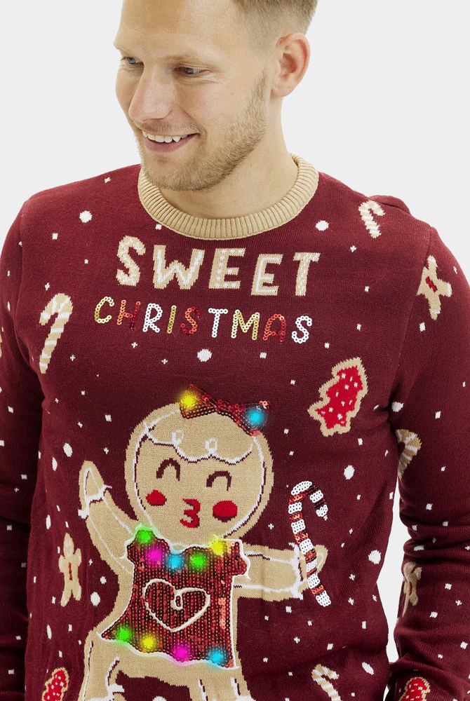 LED light-up Mens Christmas Jumper with Ginger Cookie Red