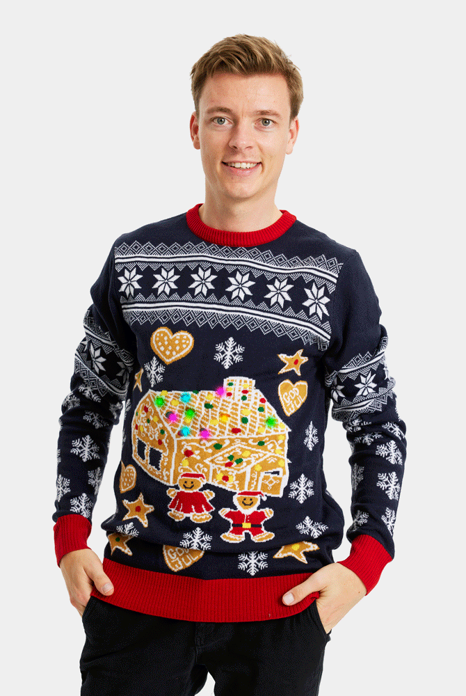 LED light-up Men's Christmas Jumper with Gingerbread House