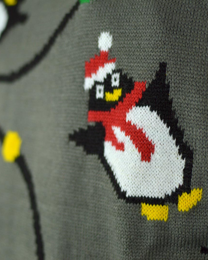 LED light-up Men's Christmas Jumper with Penguins detail