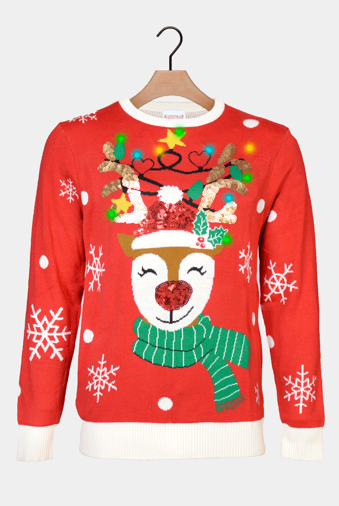 LED light-up Mens Christmas Reindeer Jumper Sparkling Sequin