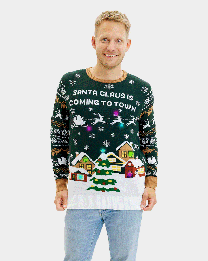 LED light-up Mens Christmas Jumper Santa is Coming to Town