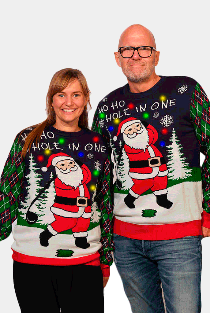 LED light-up Men's Christmas Jumper with Santa playing Golf womens