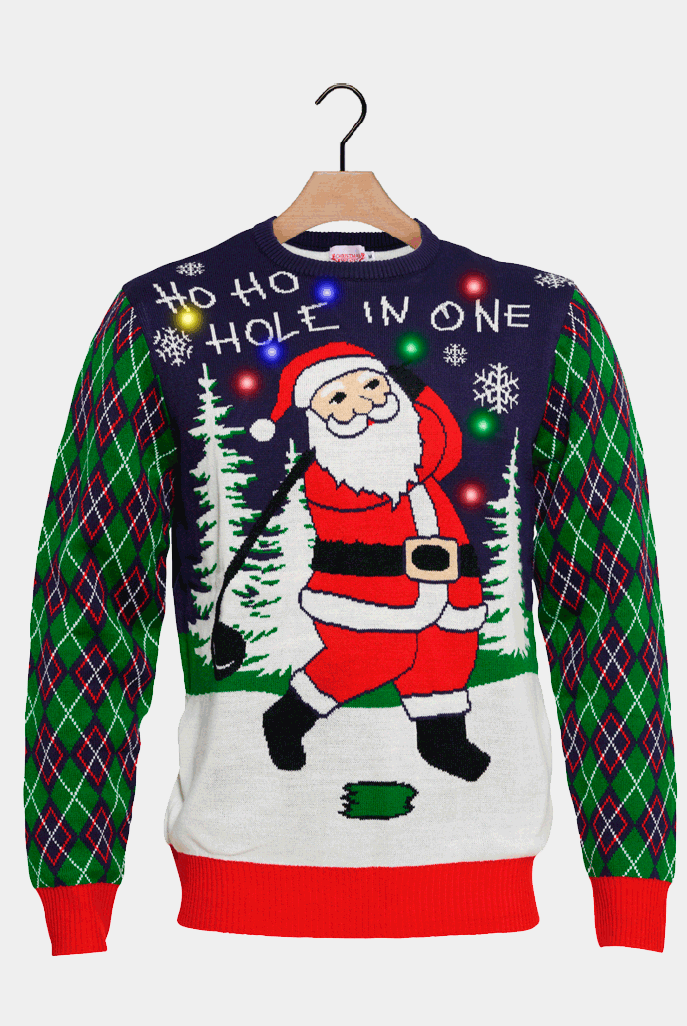 LED light-up Men's Christmas Jumper with Santa playing Golf