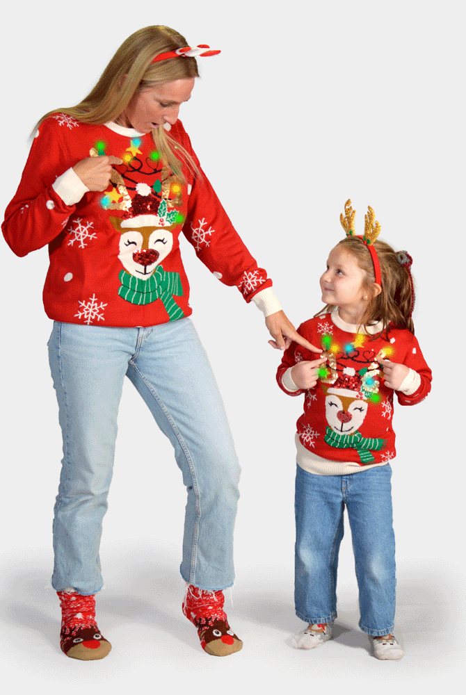 LED light-up Mens Christmas Jumper Sparkling Sequin Reindeer Family