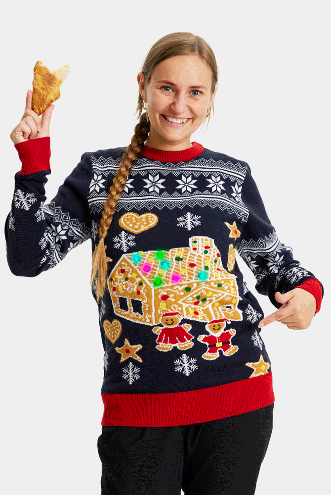 LED light-up Mens Christmas Jumper Womens Gingerbread House
