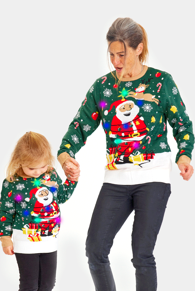 LED light-up Mens Family Christmas Jumper Santa Claus in a mess