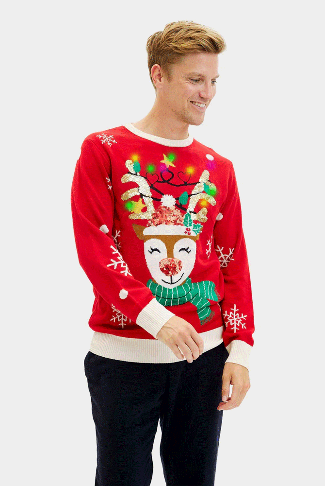LED light-up Mens Sparkling Christmas Jumper Sequin Reindeer