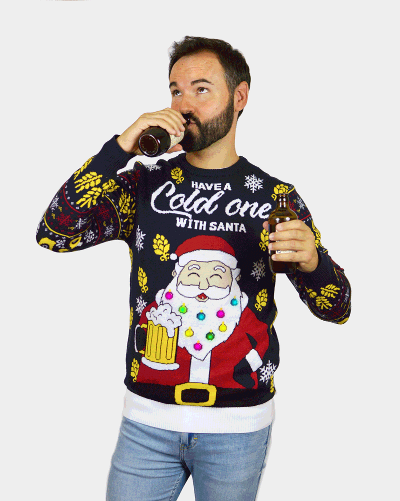 LED Light-Up Mens Womens Christmas Jumper Santa with Beer