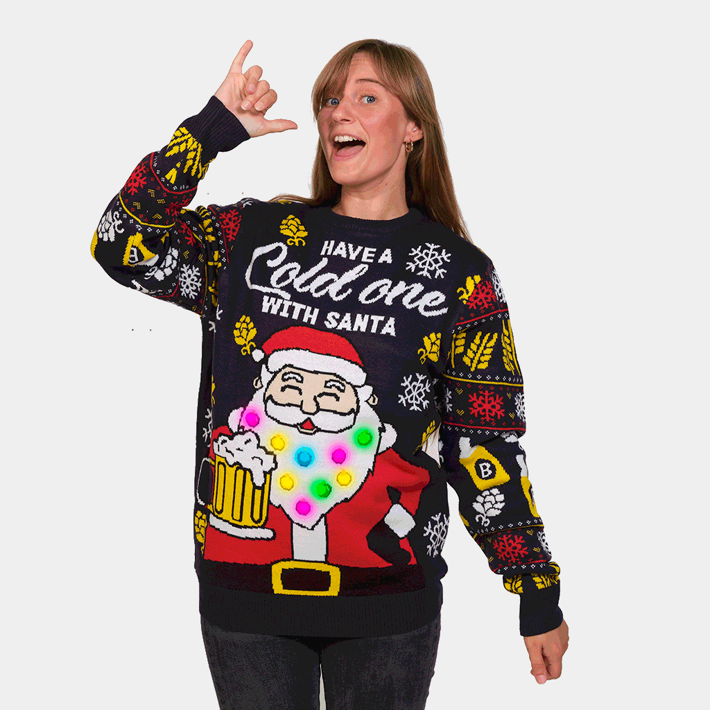 LED Light-Up Mens Womens Christmas Jumper Santa with Beer