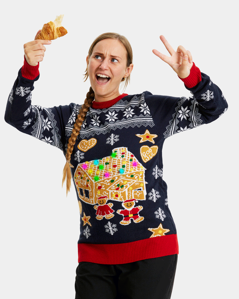 LED light-up Womens Christmas Jumper with Gingerbread House