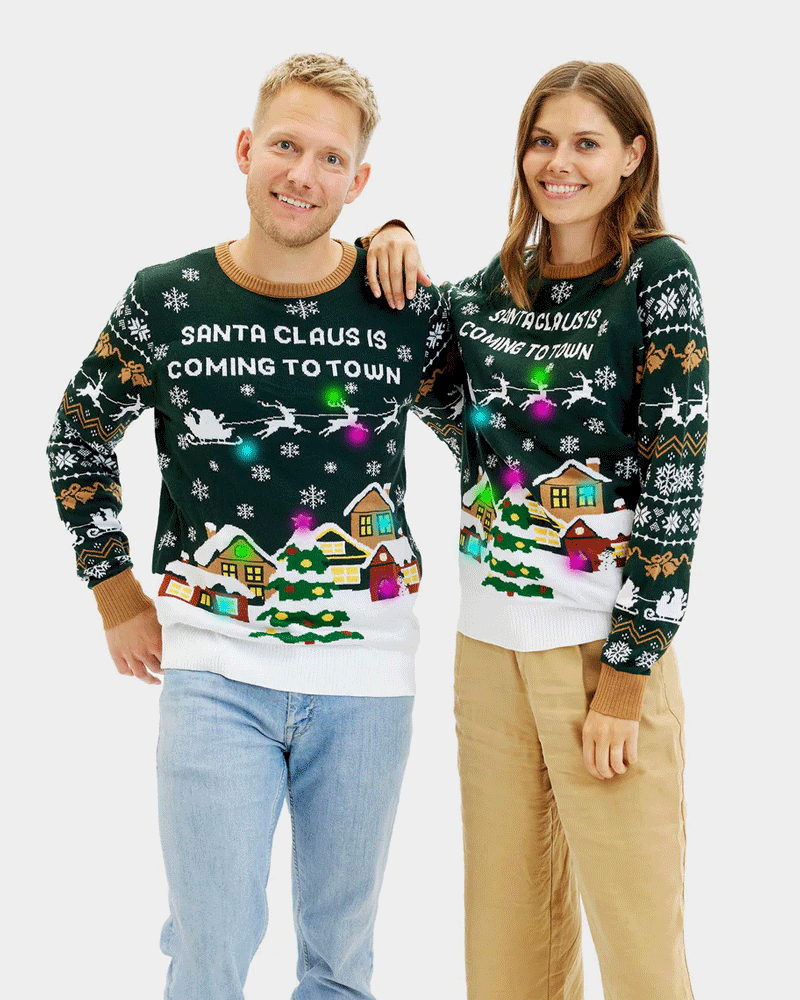 LED light-up Womens Christmas Jumper Santa is Coming to Town Men