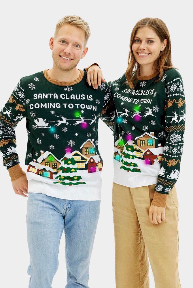 LED light-up Womens Christmas Jumper Santa is Coming to Town Men
