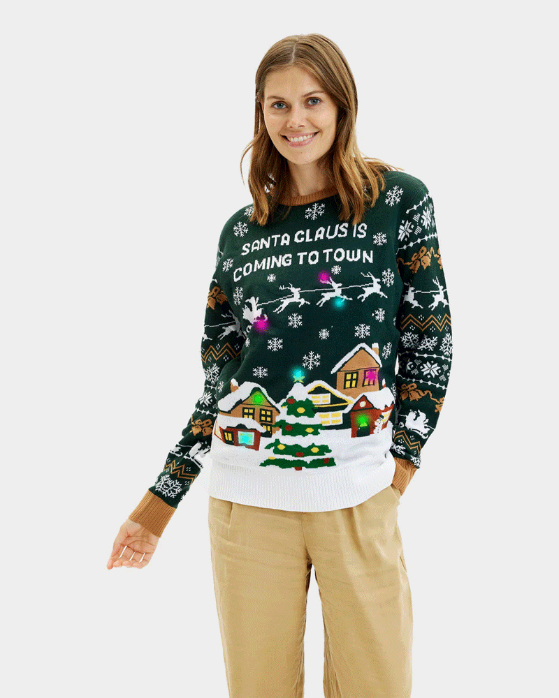 LED light-up Womens Christmas Jumper Santa is Coming to Town