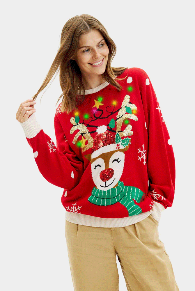 LED light-up Womens Christmas Jumper Sparkling Sequin Reindeer Couple