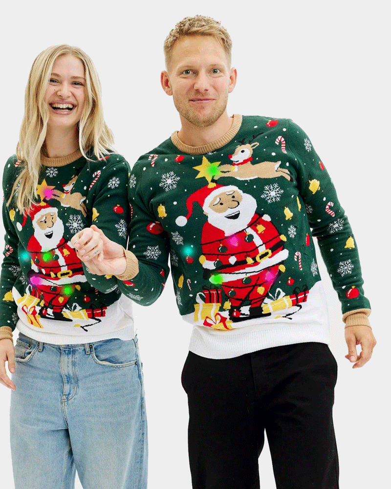 LED light-up Womens and Mens Christmas Jumper Santa Claus in a mess