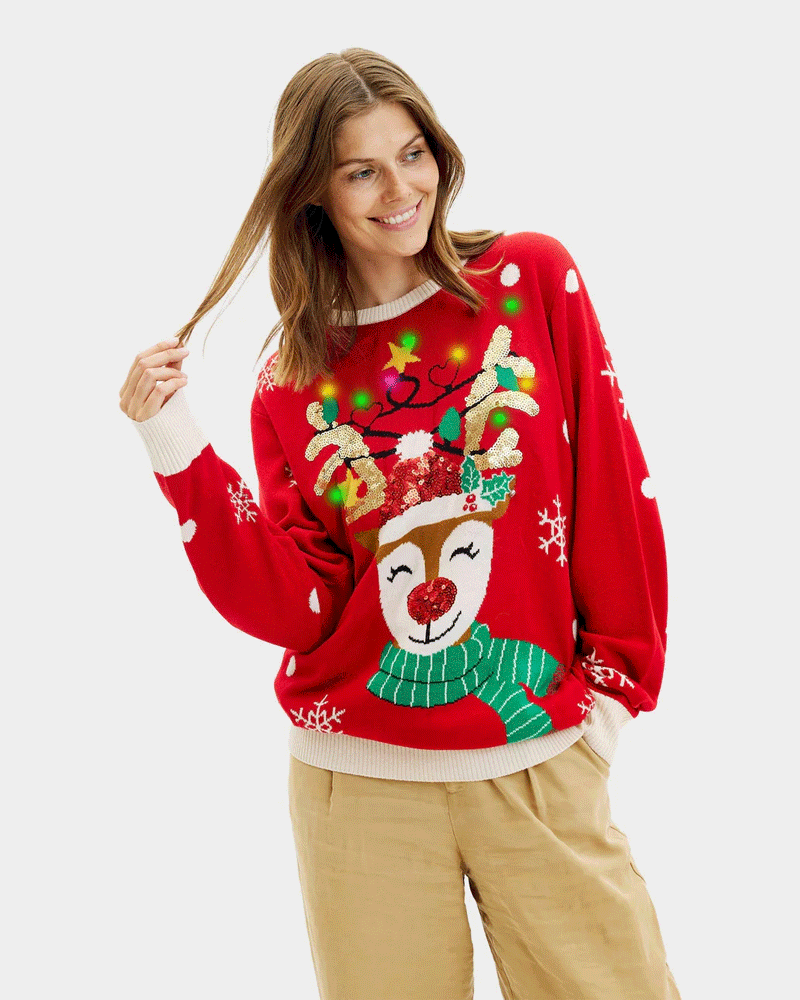 LED light-up Womens Sparkling Christmas Jumper Sequin Reindeer