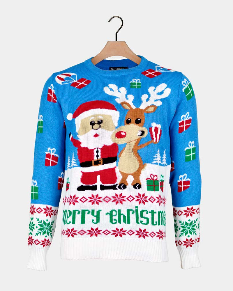 Light Blue Couple's Christmas Jumper Santa Rudolph