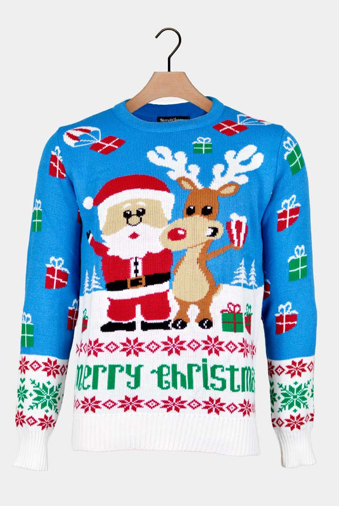 Light Blue Couple's Christmas Jumper Santa Rudolph