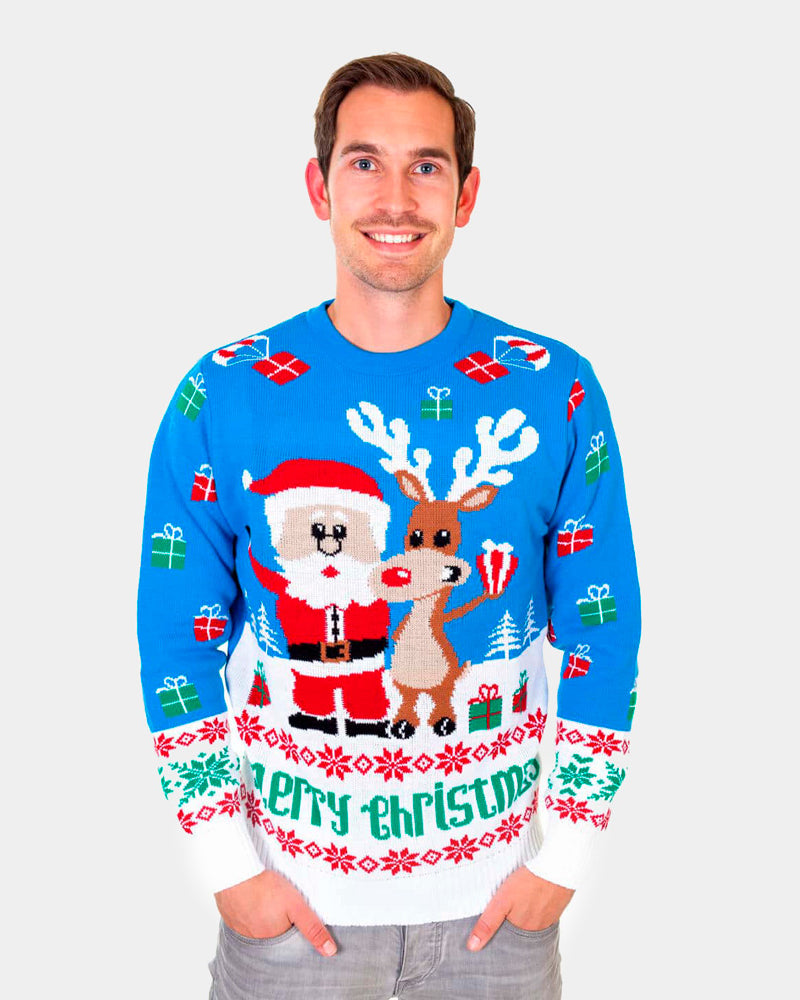 Light Blue Men's Christmas Jumper with Santa and Rudolph
