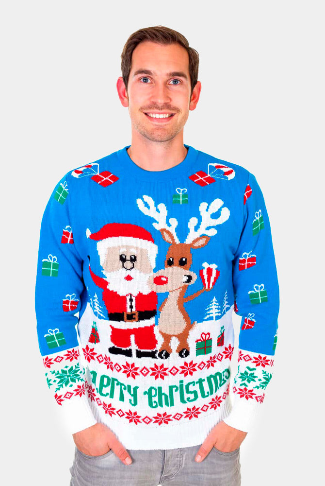 Light Blue Men's Christmas Jumper with Santa and Rudolph