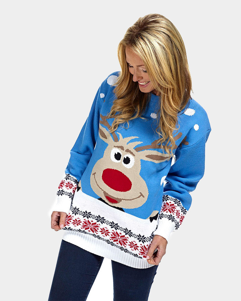Light Blue Couple's Christmas Jumper with Reindeer and Snow womens