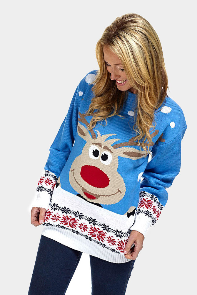 Light Blue Couple's Christmas Jumper with Reindeer and Snow womens