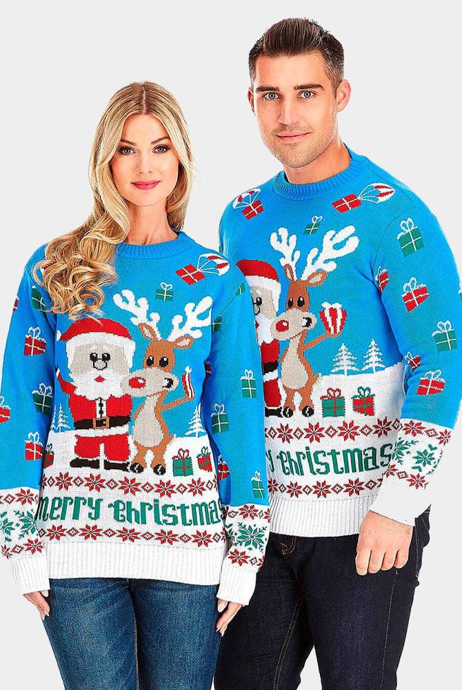 Light Blue Couple's Christmas Jumper with Santa and Rudolph