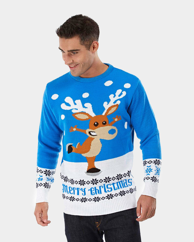 mens Light Blue Couple's Christmas Jumper with skating Reindeer