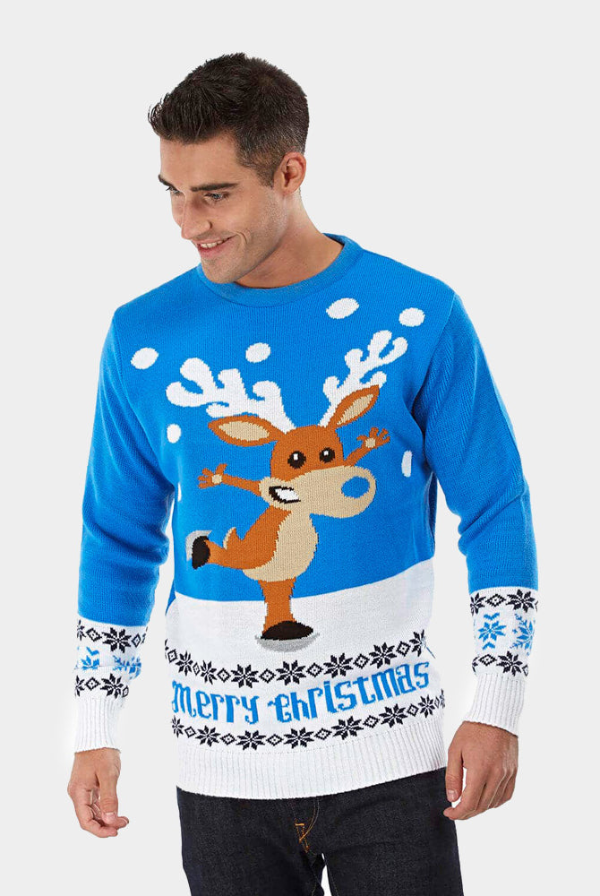 mens Light Blue Couple's Christmas Jumper with skating Reindeer