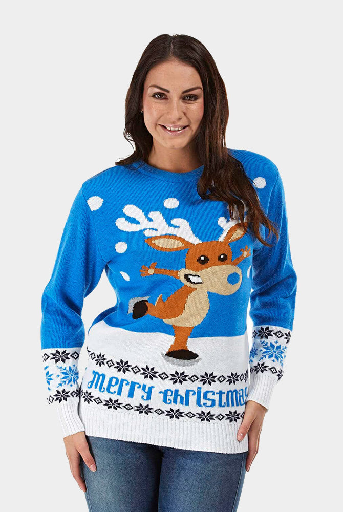 Light Blue Couple's Christmas Jumper with skating Reindeer womens