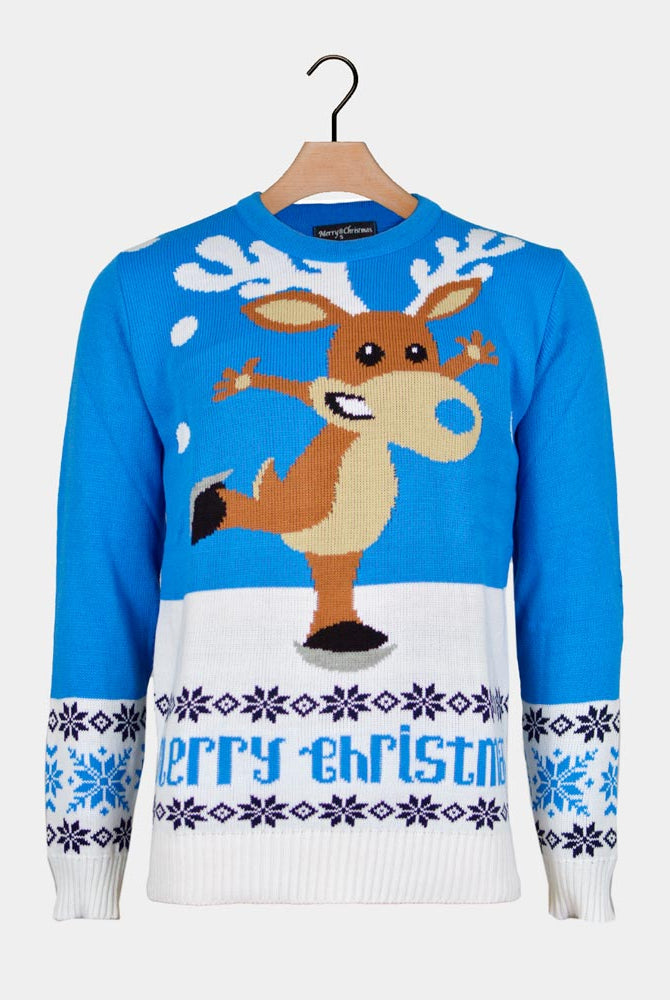 Light Blue Couple's Christmas Jumper with skating Reindeer