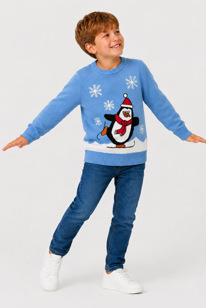 Light Blue Family Christmas Jumper with Penguin boy
