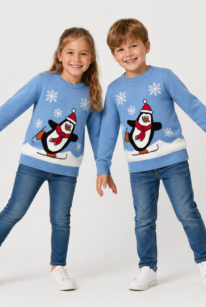 Light Blue Family Christmas Jumper with Penguin Children