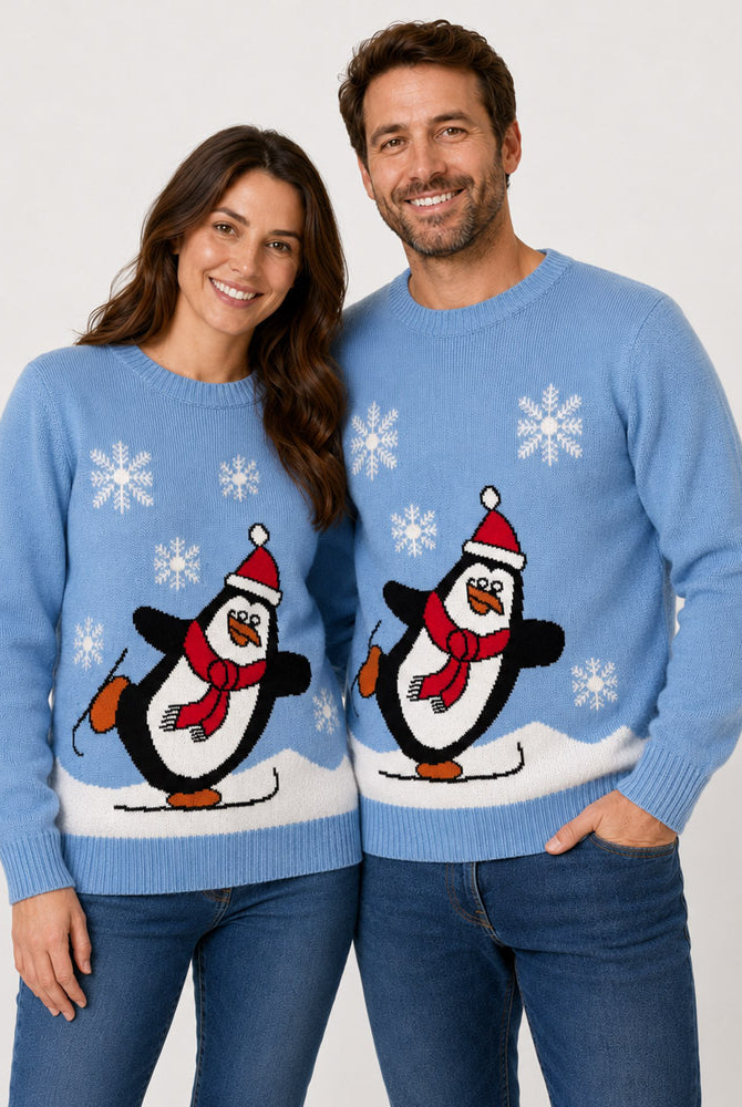 Light Blue Family Christmas Jumper with Penguin Couple