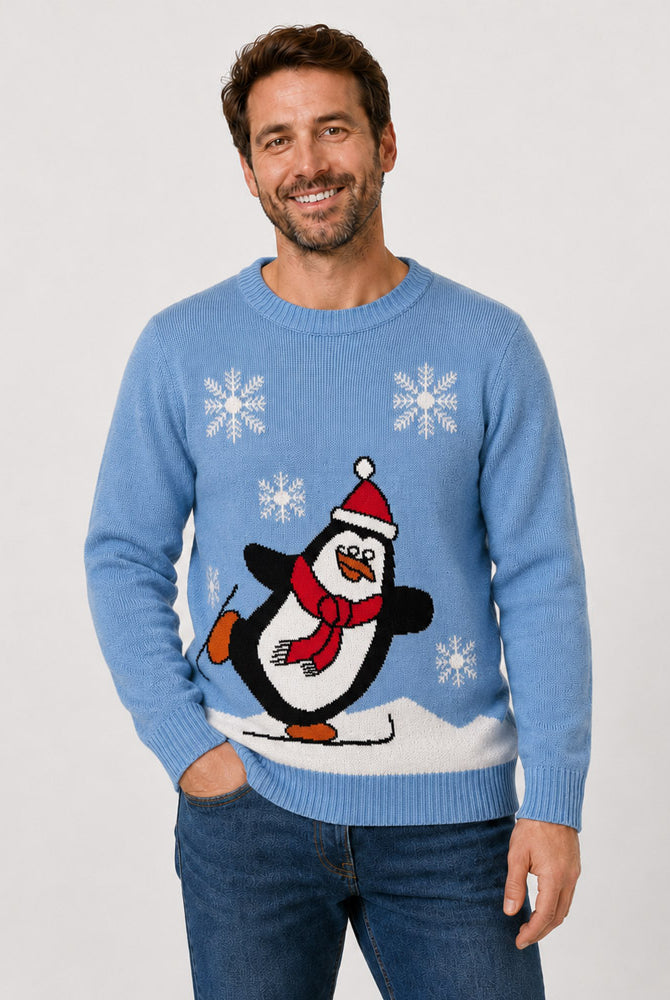 Light Blue Family Christmas Jumper with Penguin Men